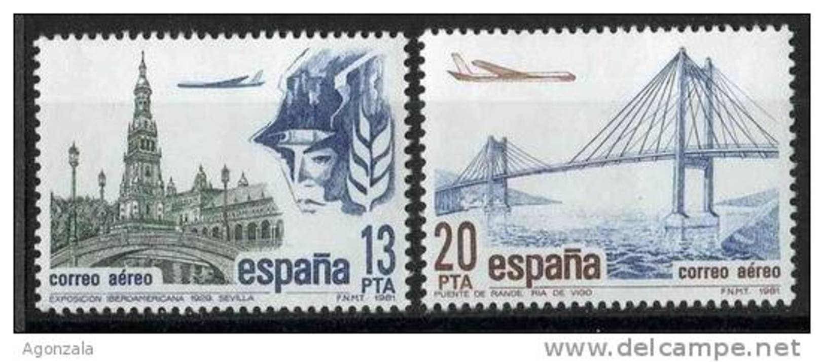 TIMBRE ESPAGNE NOUVEAU 1981 COURRIER AÉRIEN - AVIONS EN SURVOLANT EXPOSITION LATINO-AMÉRICAINE SÉVILLE ET PONT RIA  VIGO - Aviones