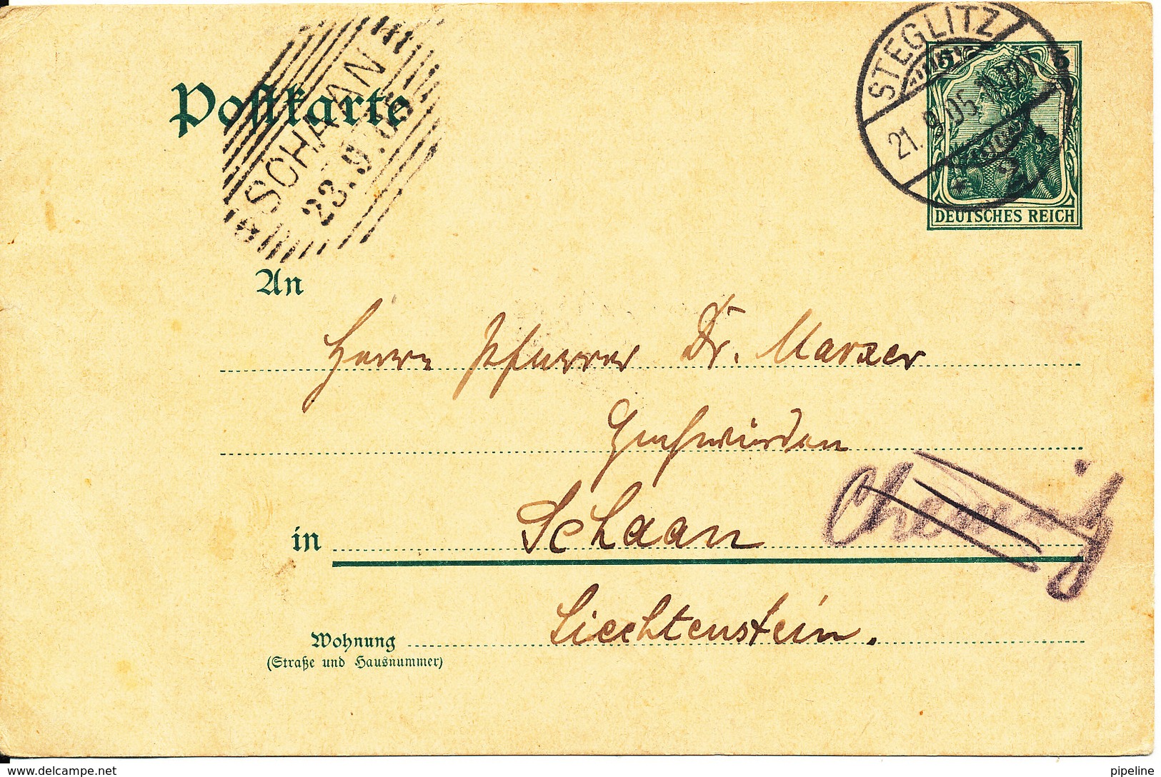 Germany Postal Stationery Postcard Steglitz 21-9-1905 Sent To Liechtenstein - Briefe U. Dokumente