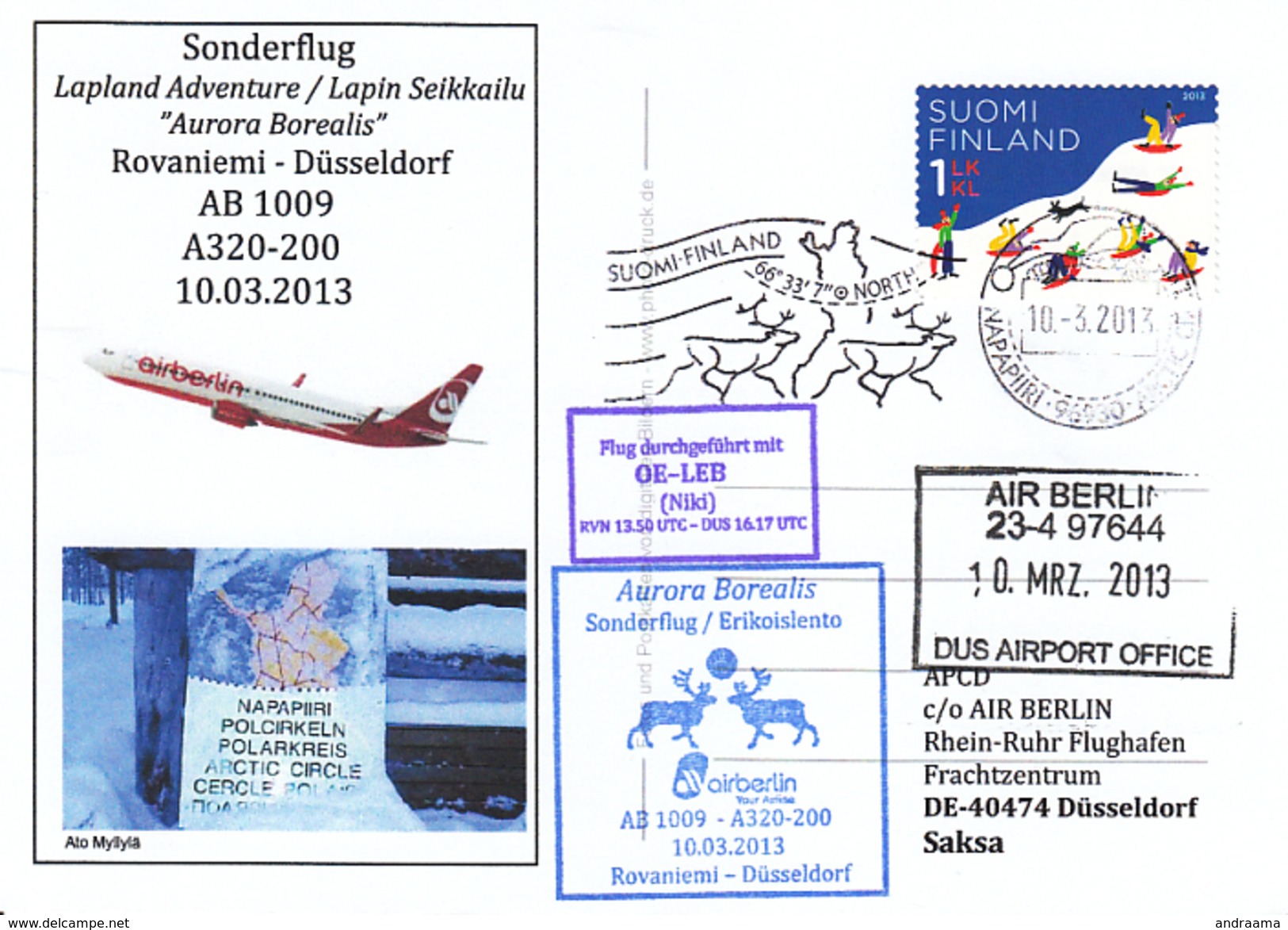 Sonderflugpost - Air Berlin - Rovaniemi - Düsseldorf - 10.03.2013 [dz90] - Briefe U. Dokumente