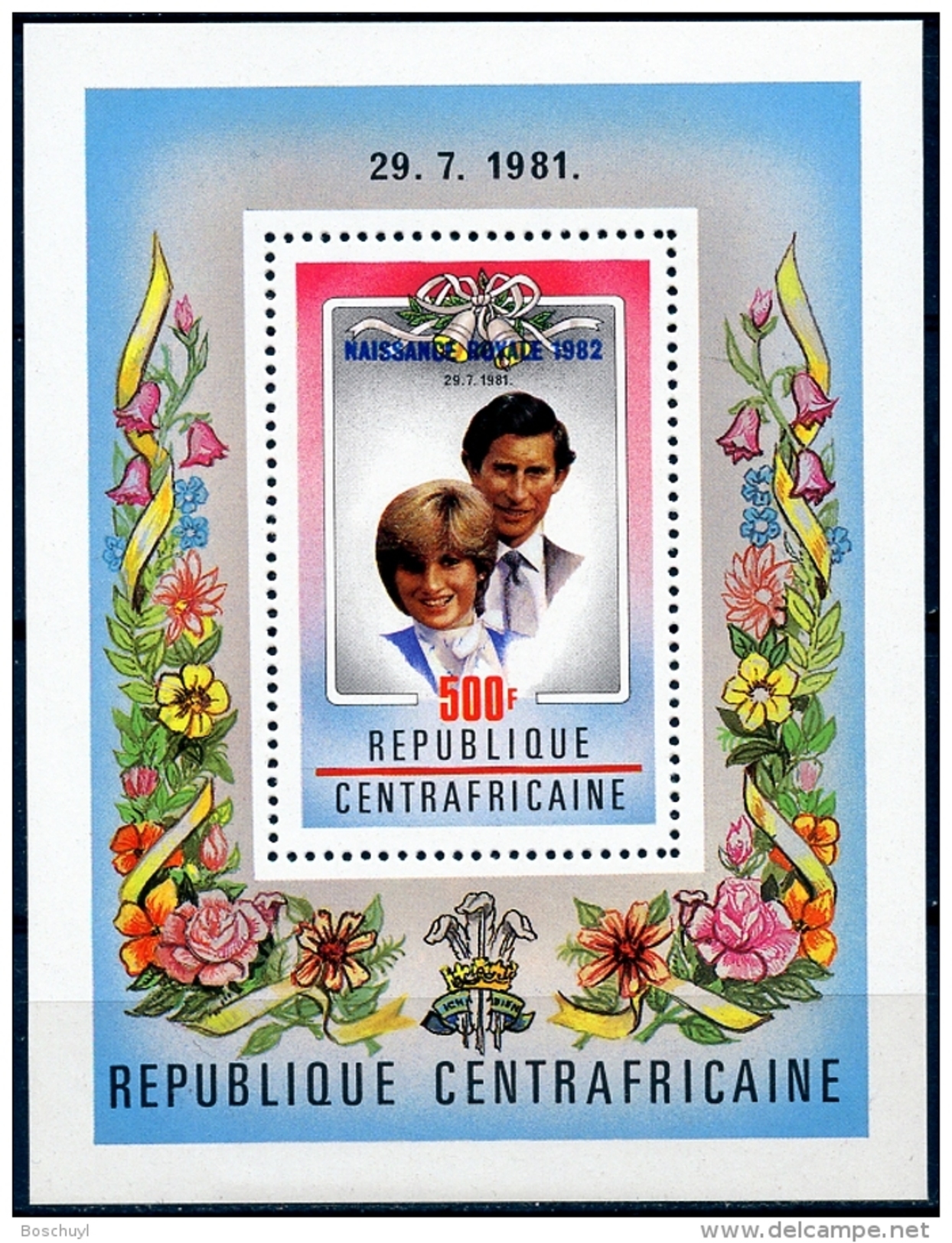 Central African Republic, 1982, Birth Of Prince William, Prince Charles, Princess Diana, MNH Sheet, Michel Block 210A - Zentralafrik. Republik
