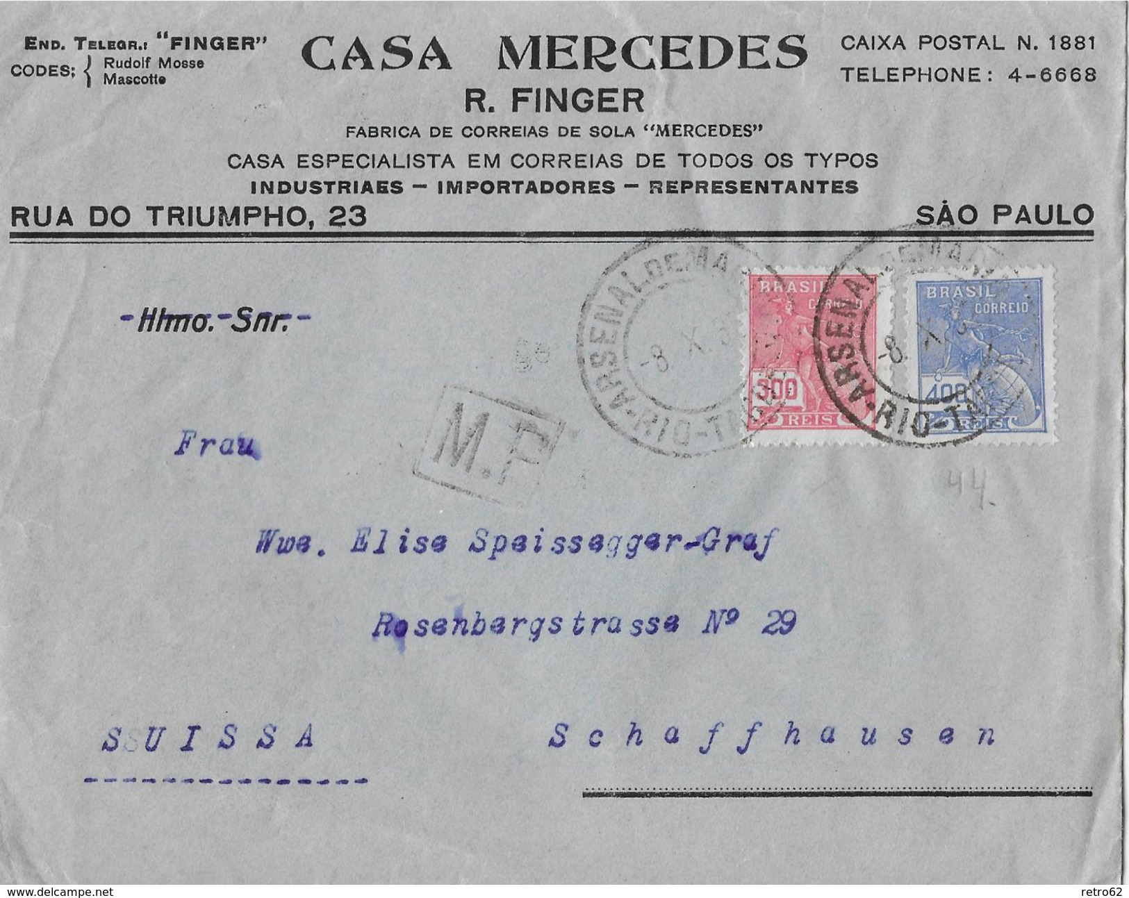 SAO PAULO 1932 - Letter Casa Mercedes R.Finger To Schaffhausen Suissa - Lettres & Documents