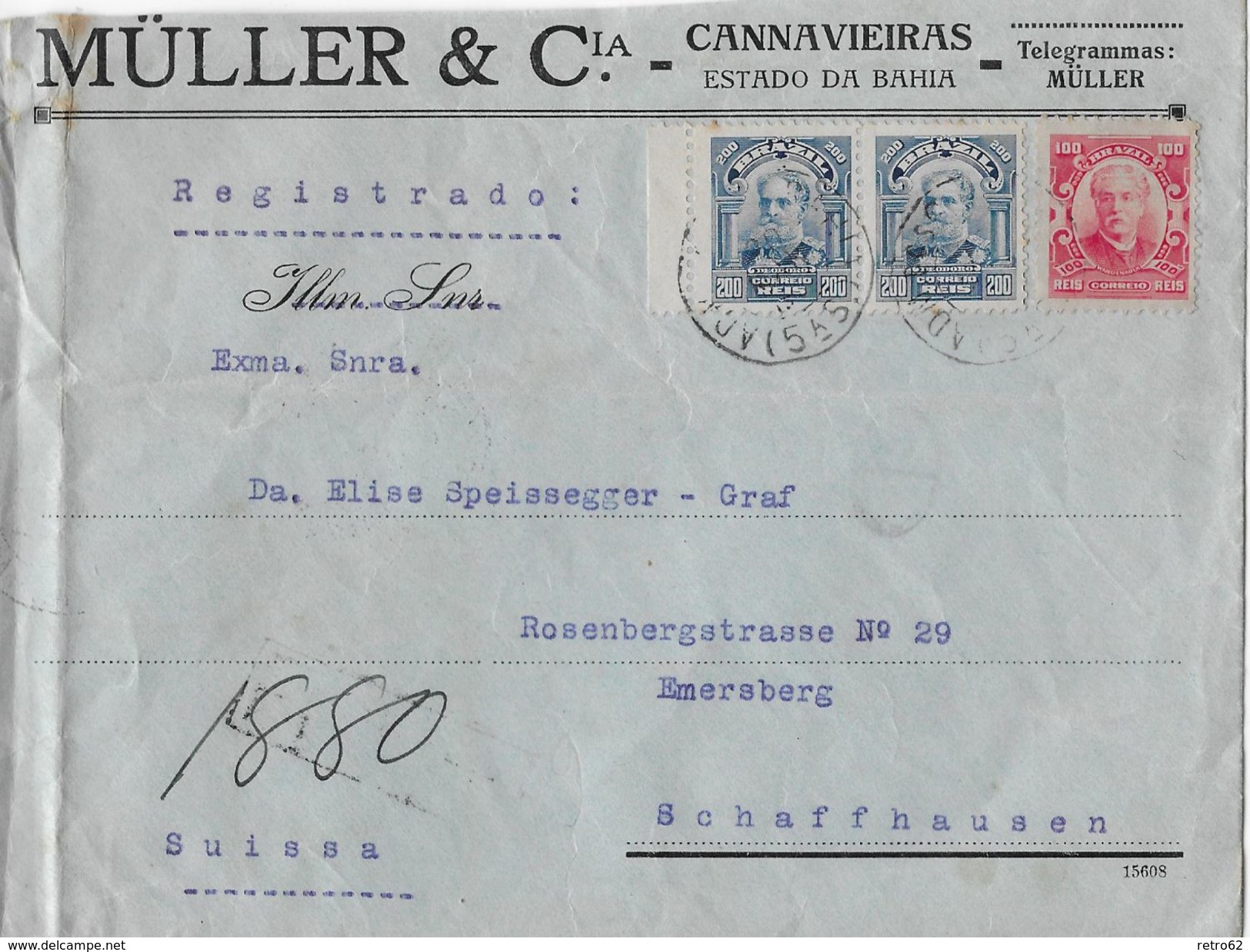 BAHIA 1912 - Letter Registrado Müller & Cia. To Schaffhausen Suissa, Stamp Consulat Suisse - Lettres & Documents