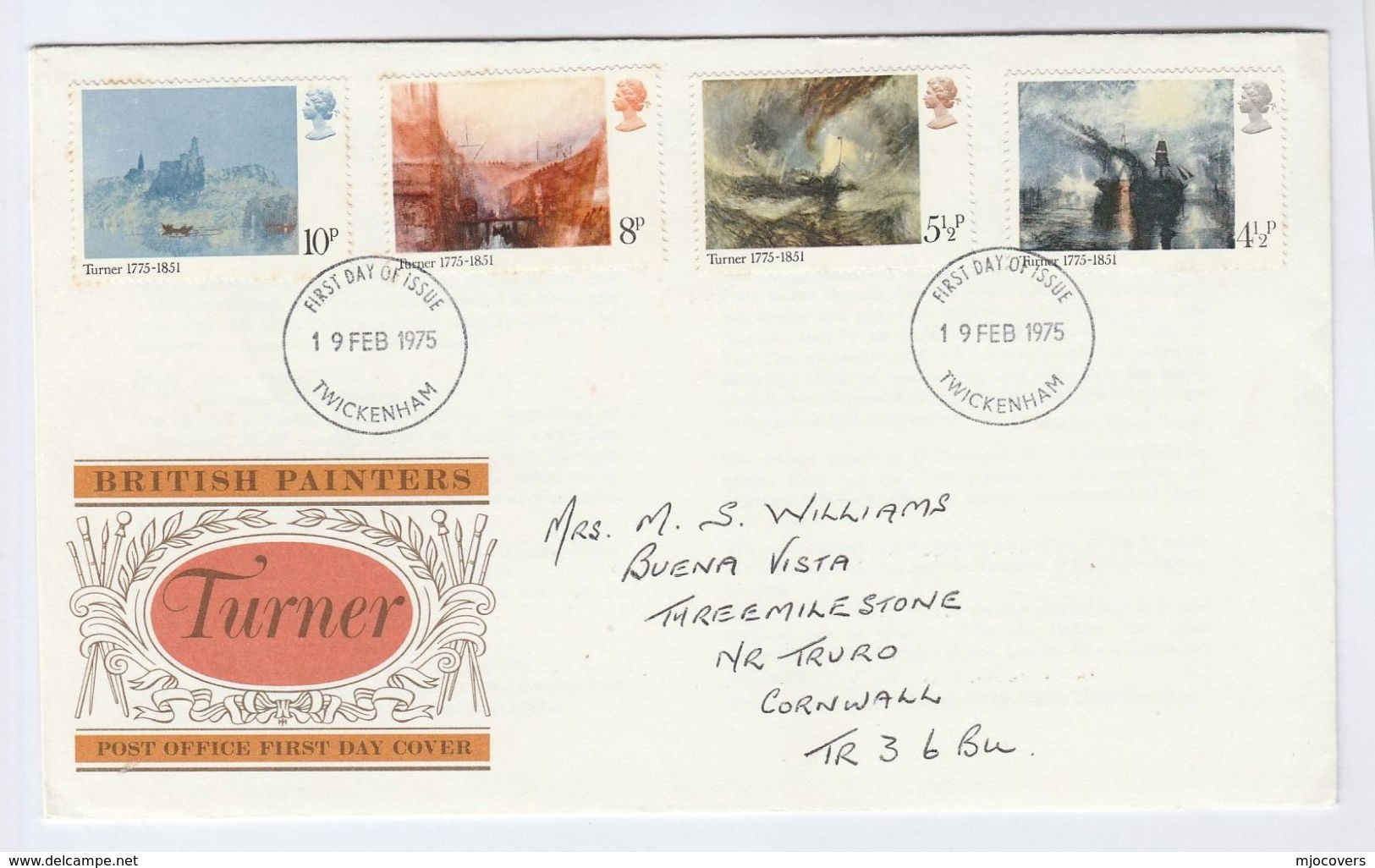 1975  Twickenham GB FDC TURNER ART Cover  Stamps - 1971-1980 Decimal Issues