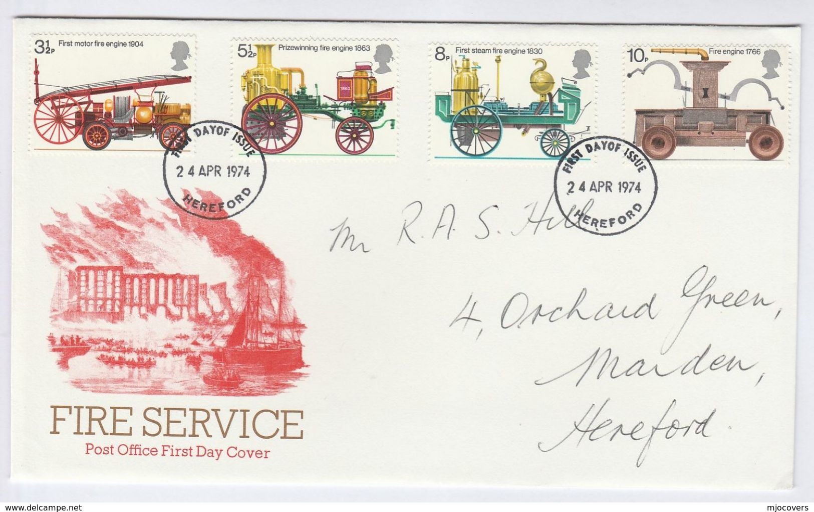 1974  Hereford GB FDC FIRE SERVICE Fire Engine Firemen Cover Stamps - 1971-1980 Decimal Issues