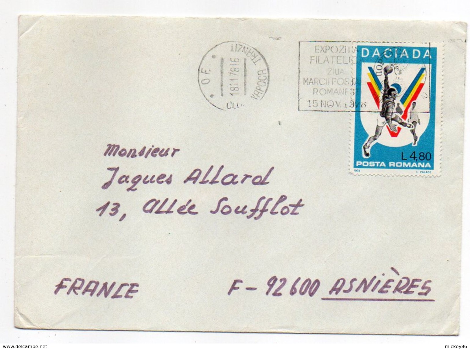 Roumanie-1978-Lettre De CLUJ-NAPOCA Pour ASNIERES-92(France) -timbre DACIADA (handball) Seul Sur Lettre -cachet CLUJ - Lettres & Documents