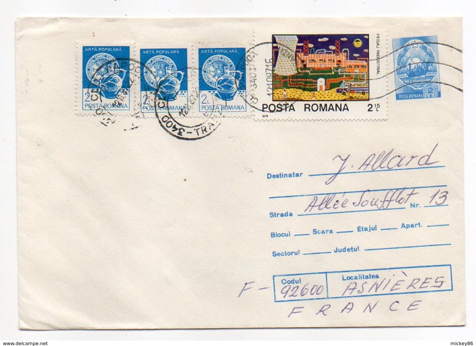 Roumanie-1987-Lettre De CLUJ-NAPOCA Pour ASNIERES-92(France) -entier + Timbres -cachet CLUJ - Brieven En Documenten