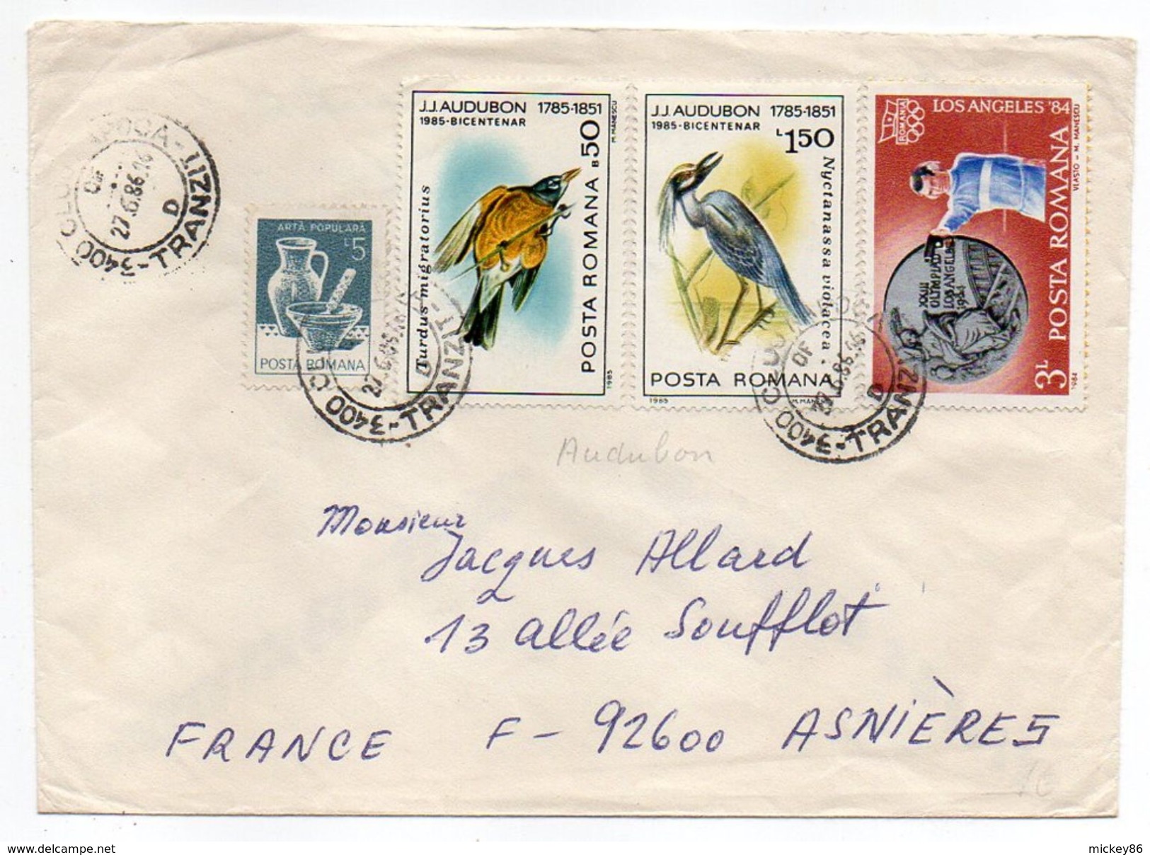 Roumanie-1986-Lettre De CLUJ-NAPOCA Pour ASNIERES-92(France) -tps Oiseaux(Audubon)+JO Los Angeles (tir) -cachet CLUJ - Lettres & Documents