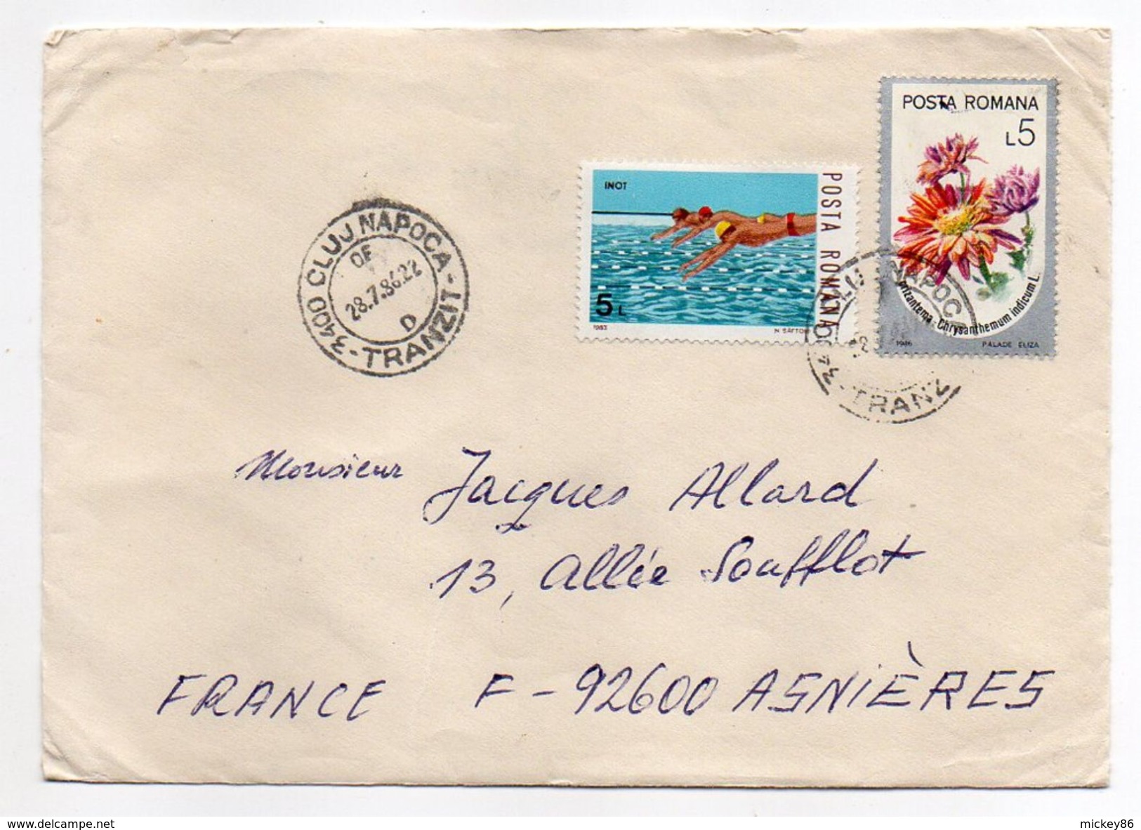Roumanie-1986-Lettre De CLUJ-NAPOCA Pour ASNIERES-92(France) -timbres Natation+fleurs  -cachet CLUJ - Briefe U. Dokumente
