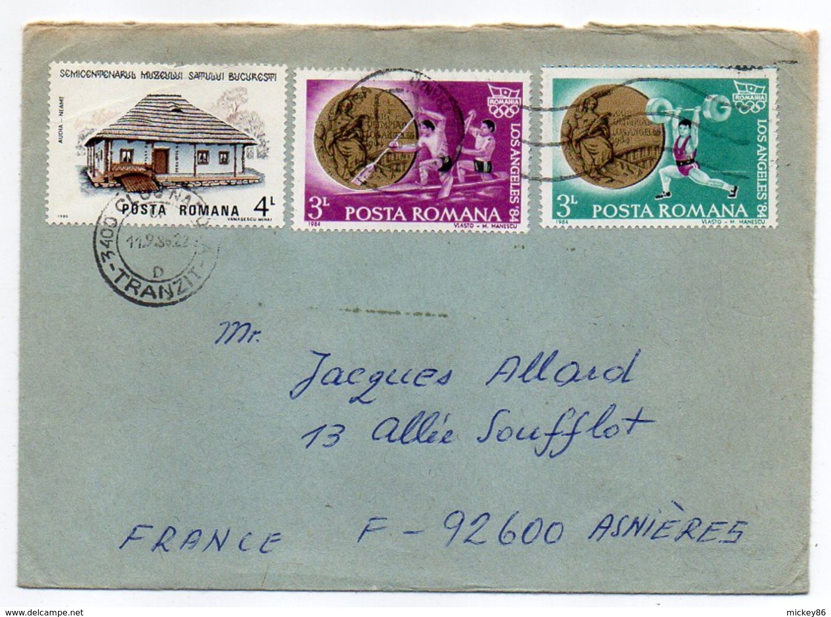 Roumanie-1986-Lettre De CLUJ-NAPOCA Pour ASNIERES-92(France) -timbres JO Los Angeles (canoe-halthérophilie.)-cachet CLUJ - Lettres & Documents