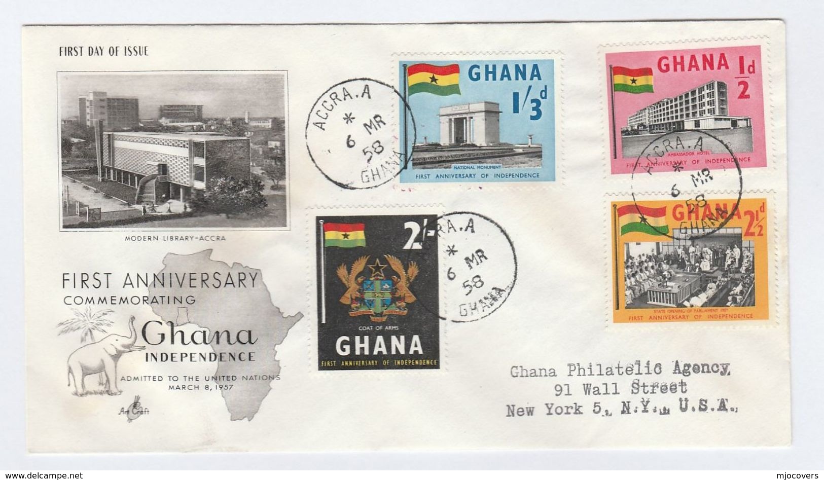 1958 Registered GHANA FDC Stamps FLAG HOTEL PARLIAMENT BIRD Cover Illus ELEPHANT To USA - Ghana (1957-...)