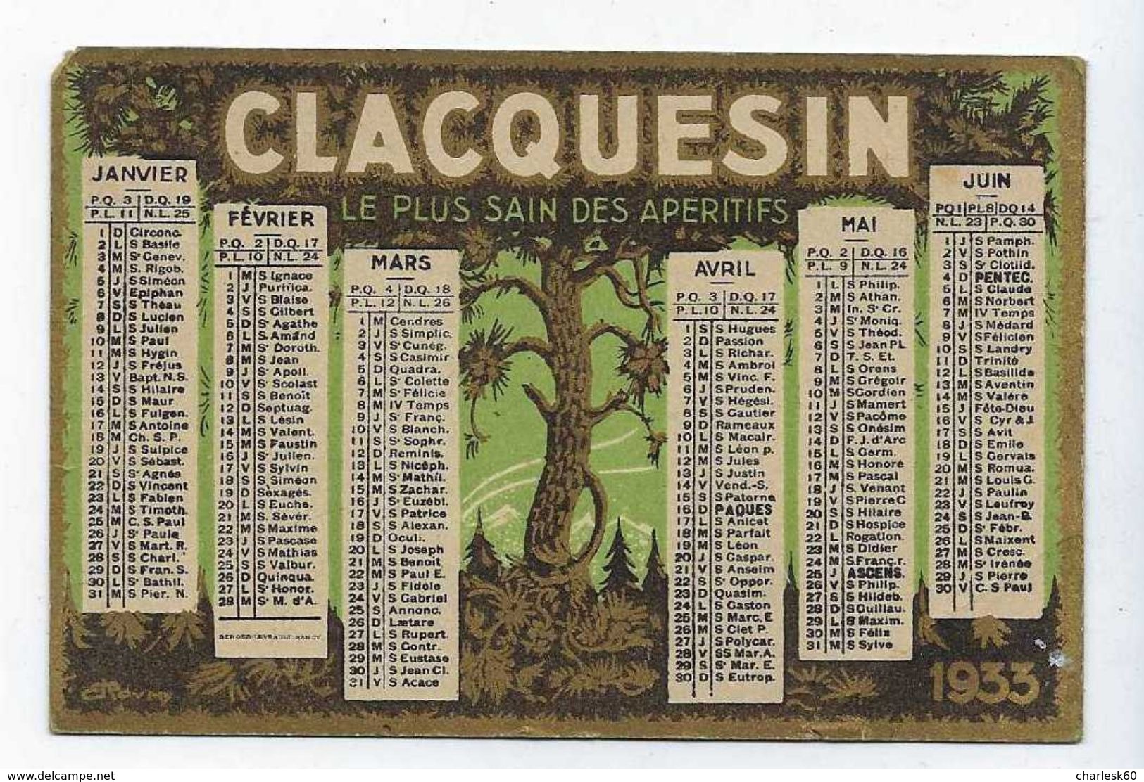 Calendrier Petit Format Année 1933 Publicité Apéritif Clacquesin - Small : 1901-20