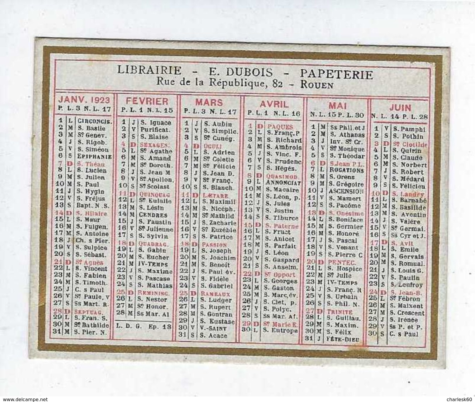 Calendrier Petit Format Année 1923 Publicité Librairie Papeterie Dubois Rouen - Petit Format : 1901-20