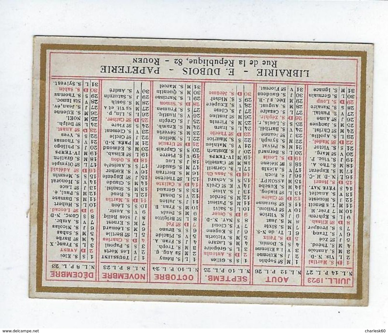 Calendrier Petit Format Année 1923 Publicité Librairie Papeterie Dubois Rouen - Petit Format : 1901-20