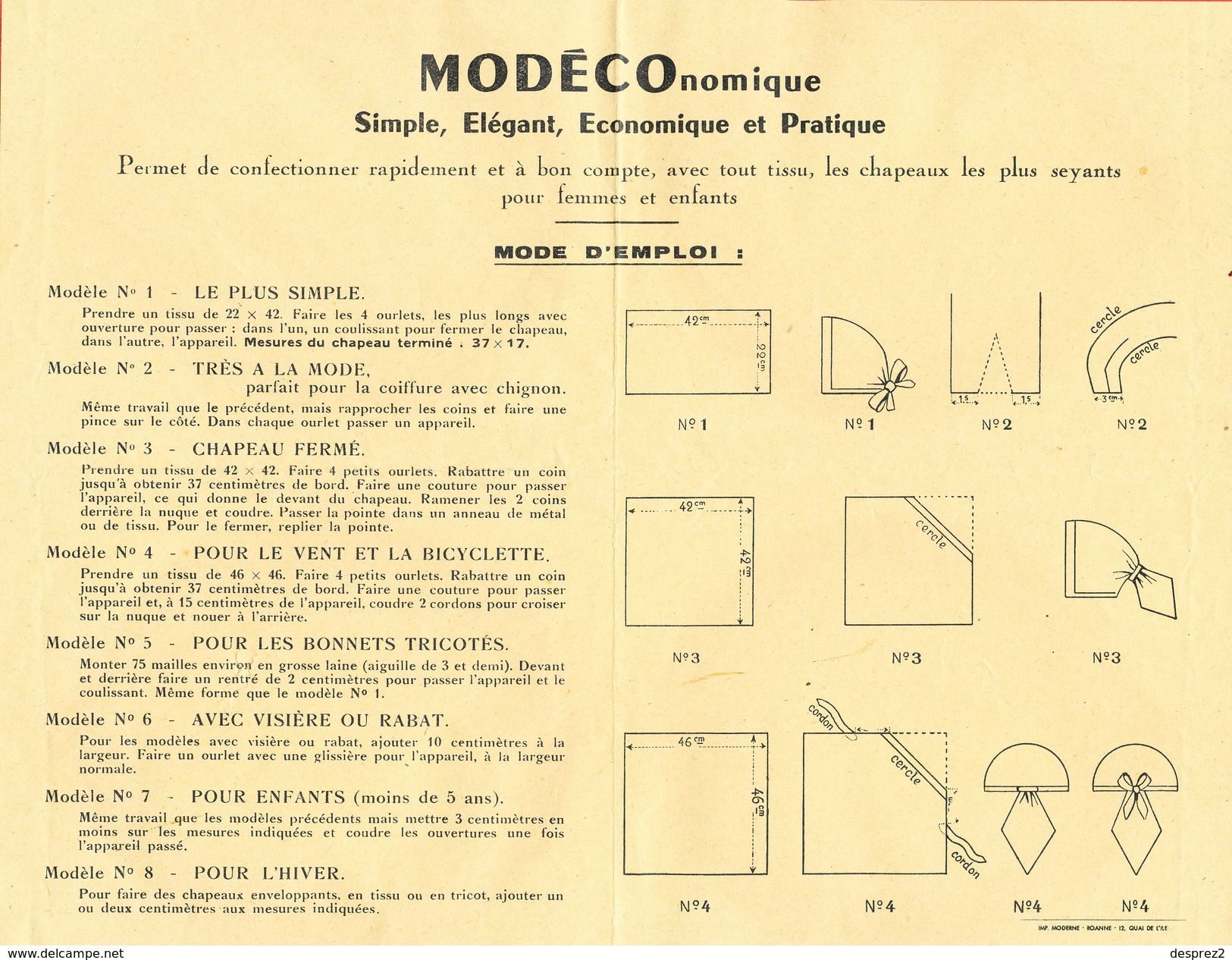 Plan Pour Confectionner Des Chapeaux MODECOnomique Imp Roanne - Autres Plans