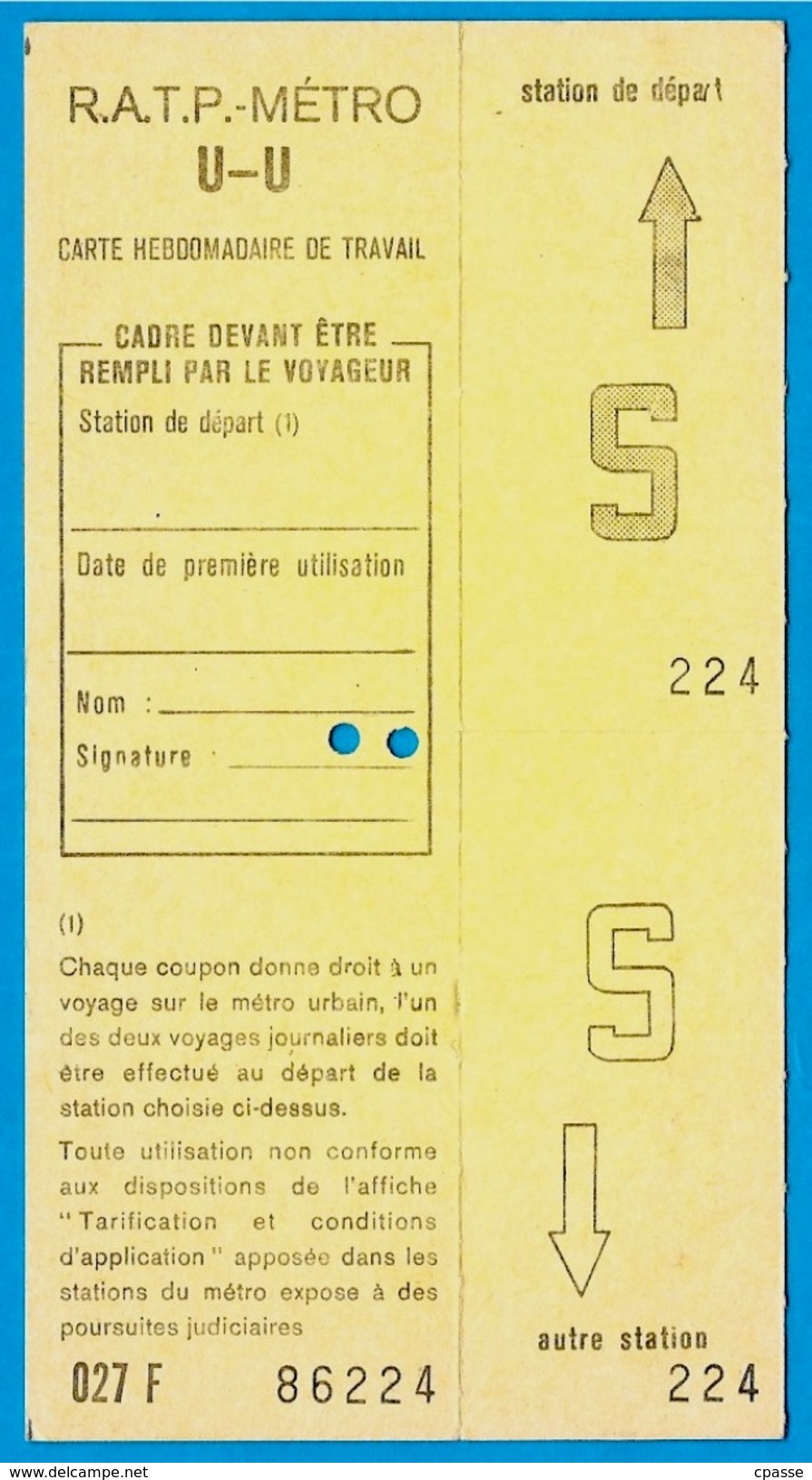 Titre De Transport (non Utilisé) R.A.T.P. Métro U-U - Carte Hebdomadaire De Travail - Europe