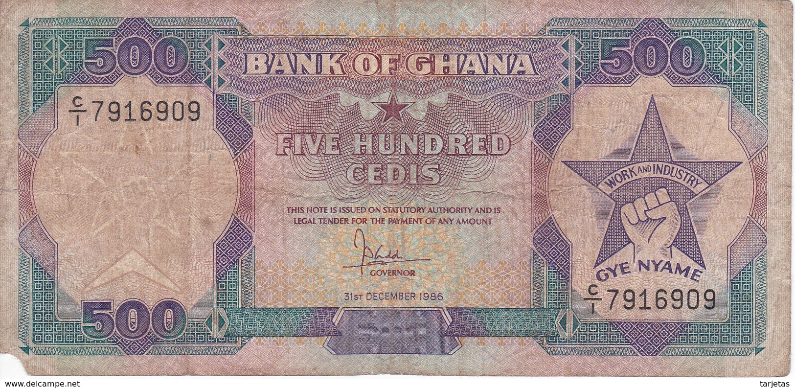 BILLETE DE GHANA DE 500 CEDIS DEL AÑO 1986 (BANKNOTE-BANK NOTE) - Ghana