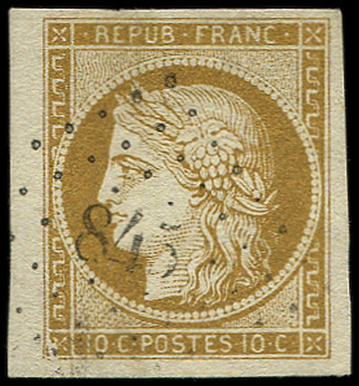 EMISSION DE 1849 -  1    10c. Bistre Jaune, Très Grandes Marges, Obl. PC, TTB - 1849-1850 Cérès