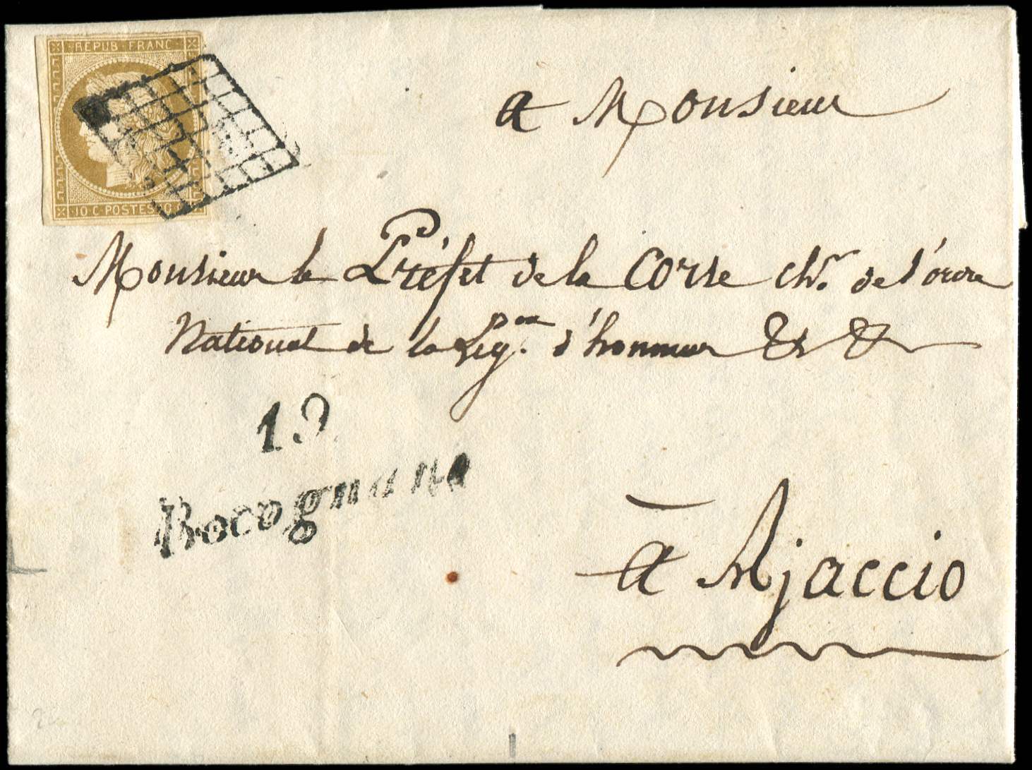 Let EMISSION DE 1849 - Let  1b   10c. Bistre VERDATRE, Obl. GRILLE S. LAC De Poggio De Marra 11/6/51, Cursive 19/BOCOGNA - 1849-1850 Cérès