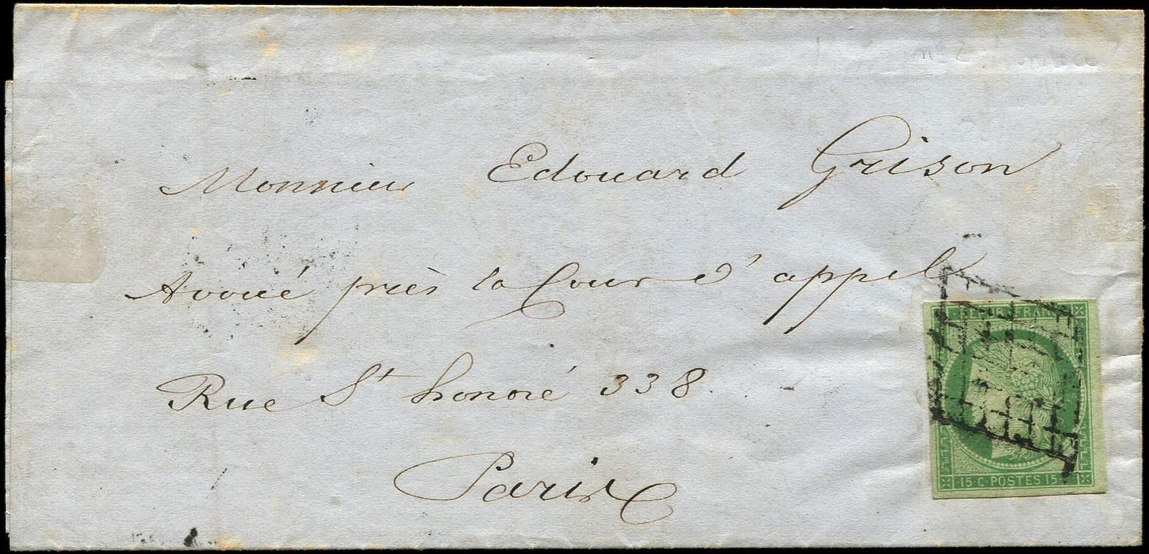 Let EMISSION DE 1849 - Let  2    15c. Vert, Obl. GRILLE S. LAC De Paris Pour Paris 26/3/51, TTB - 1849-1850 Cérès
