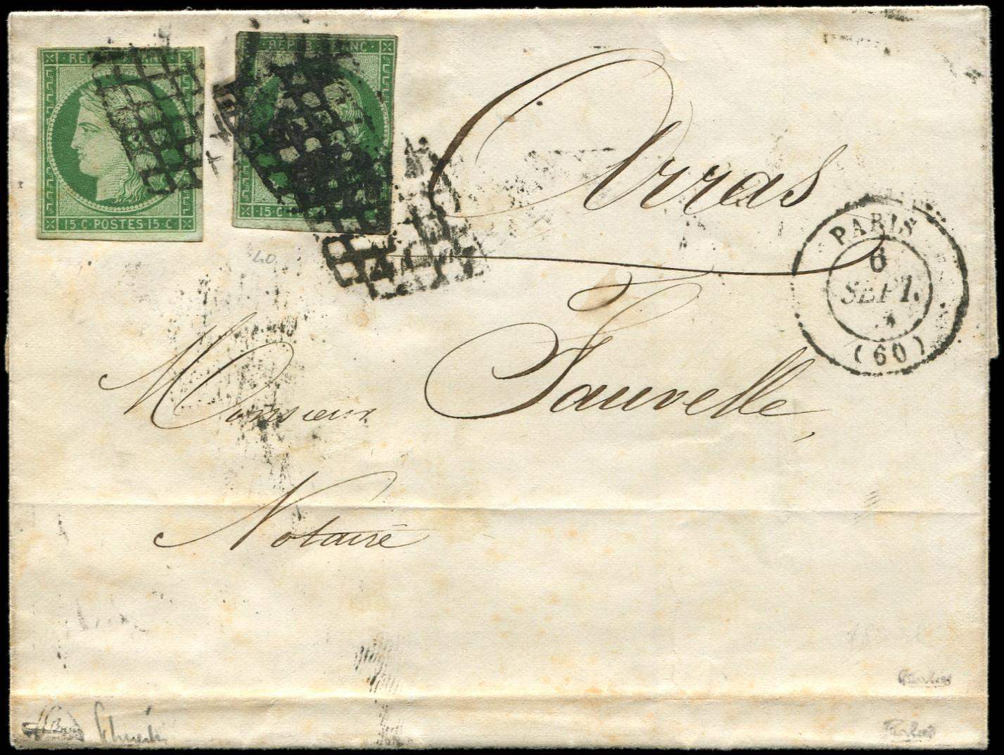 Let EMISSION DE 1849 - Let  2    15c. Vert (2 Dont L'un Touché Et Obl. Lourde), Obl. GRILLE S. LSC, Càd PARIS 6/9/51, 5c - 1849-1850 Cérès