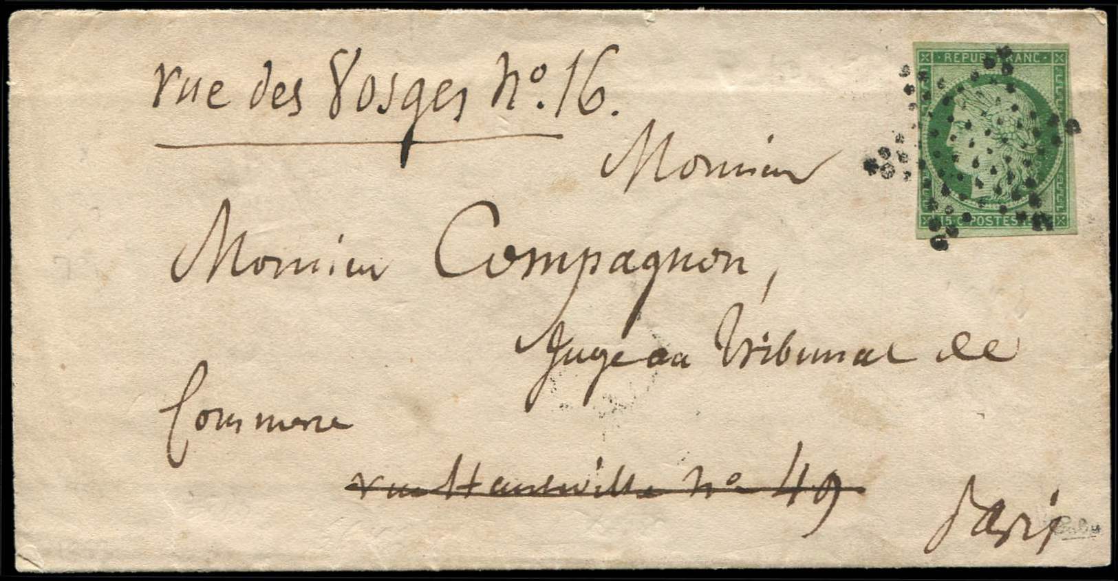 Let EMISSION DE 1849 - Let  2b   15c. Vert FONCE, Un Filet Coupé, Obl. ETOILE S. LAC Du ( )/5/53, B/TB - 1849-1850 Cérès