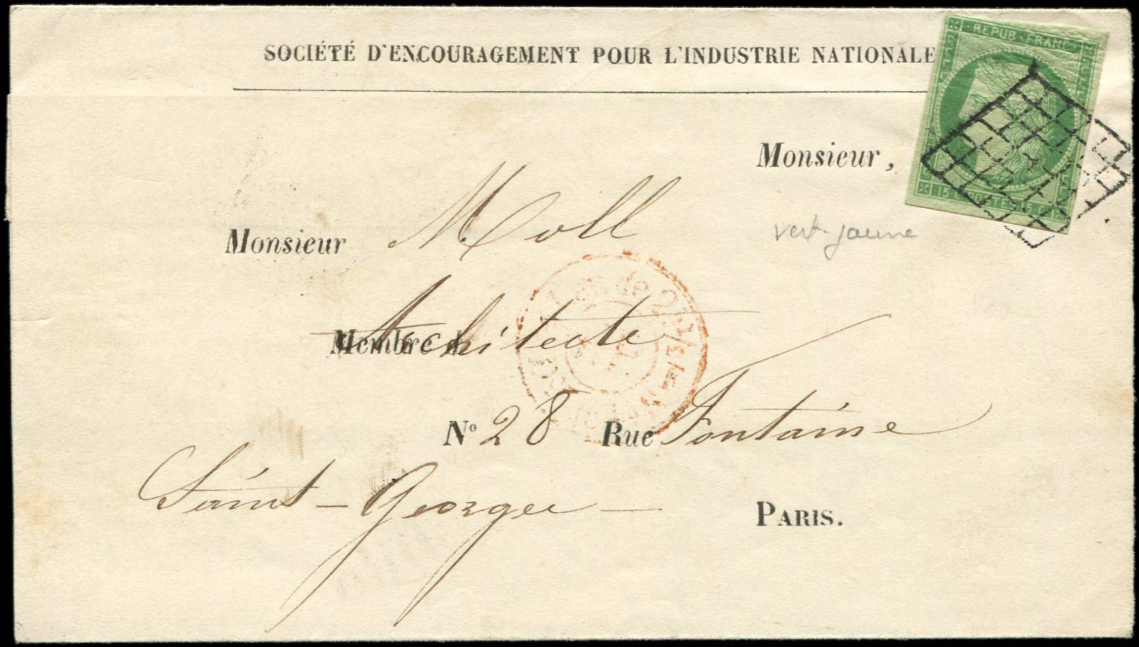 Let EMISSION DE 1849 - Let  2b   15c. Vert Jaune, Filet Touché Dans Un Angle, Obl. GRILLE S. LSC, Càd Rouge De Port Payé - 1849-1850 Cérès