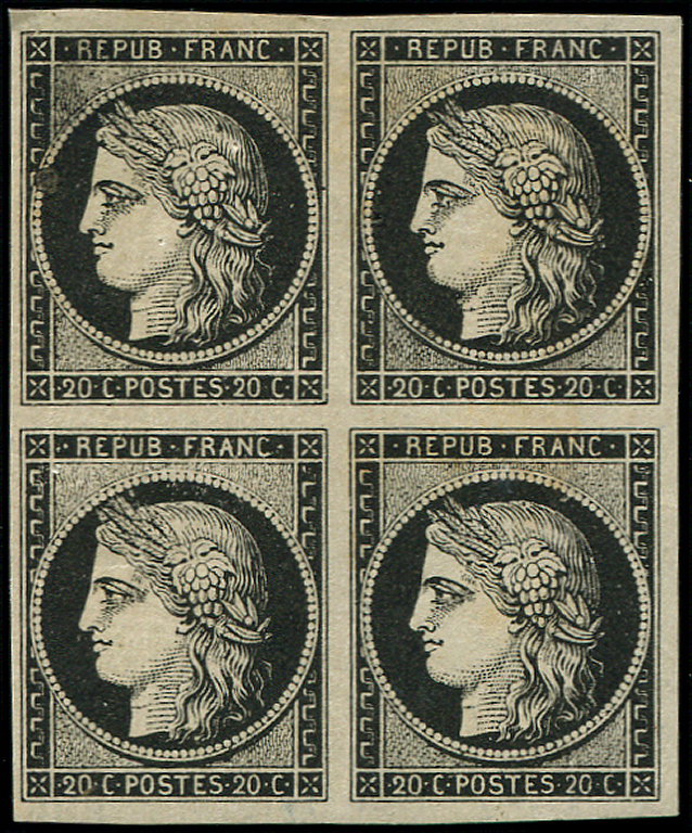 * EMISSION DE 1849 - *    3a   20c. Noir Sur Blanc, BLOC De 4, Infime Charnière, 1 Ex. **, Petite Variété D'impression S - 1849-1850 Cérès