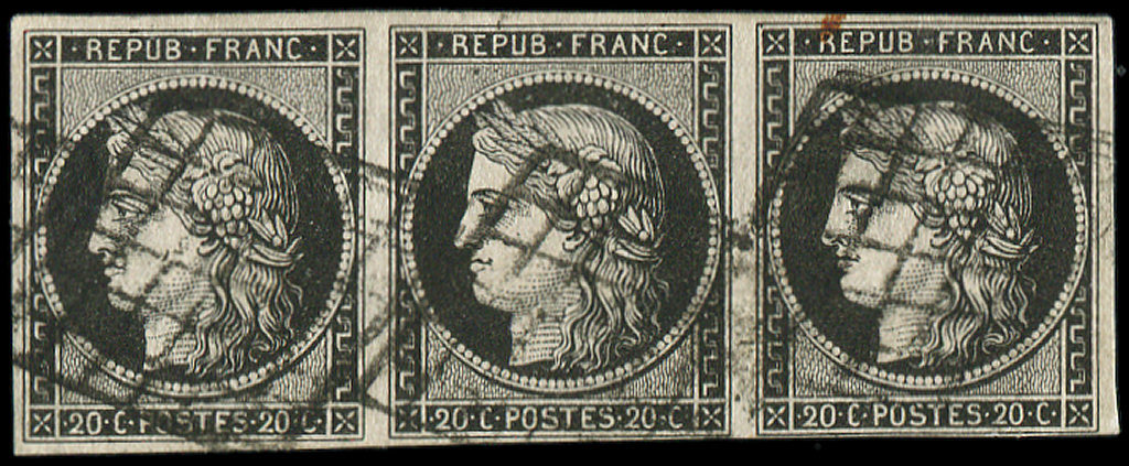 EMISSION DE 1849 -  3    20c. Noir Sur Jaune, BANDE De 3 Obl. GRILLE, TB - 1849-1850 Cérès