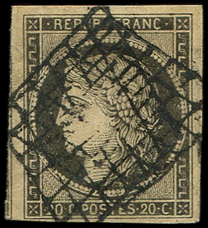 EMISSION DE 1849 -  3c   20c. GRIS NOIR, Obl. Double GRILLE, Belles Marges, Amorce De Voisin à Gauche, TTB.S - 1849-1850 Cérès