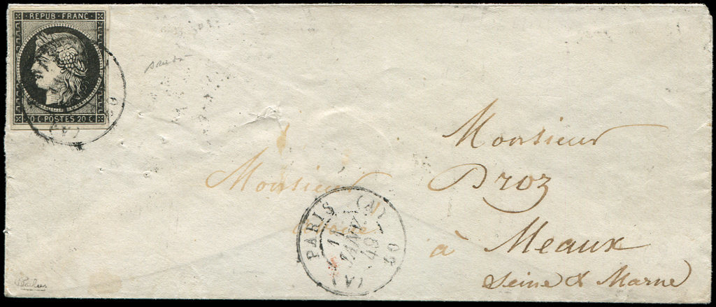 Let EMISSION DE 1849 - Let  3a   20c. Noir Sur Blanc Obl. Càd T1502 (A) PARIS (A) 11 JANV 49 S. Env., TB - 1849-1850 Cérès