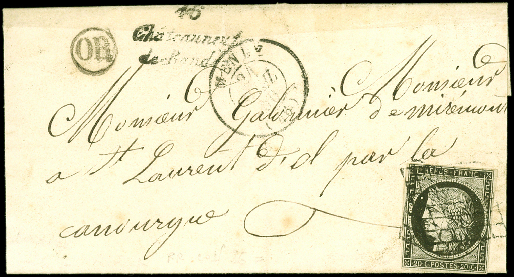 Let EMISSION DE 1849 - Let  3a   20c. Noir Sur Blanc, Obl. GRILLE S. LSC, Cursive 46/CHATEAUNEUF/DE RANDON (23 Mm), Càd  - 1849-1850 Cérès