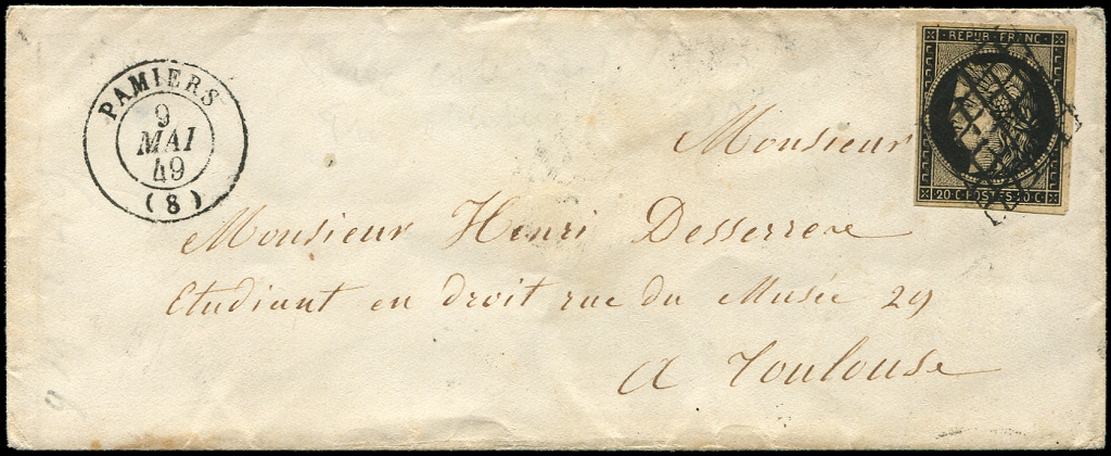 Let EMISSION DE 1849 - Let  3h   20c. Noir Intense Obl. GRILLE S. Env., Càd T15 PAMIERS 9/5/49, TB - 1849-1850 Cérès