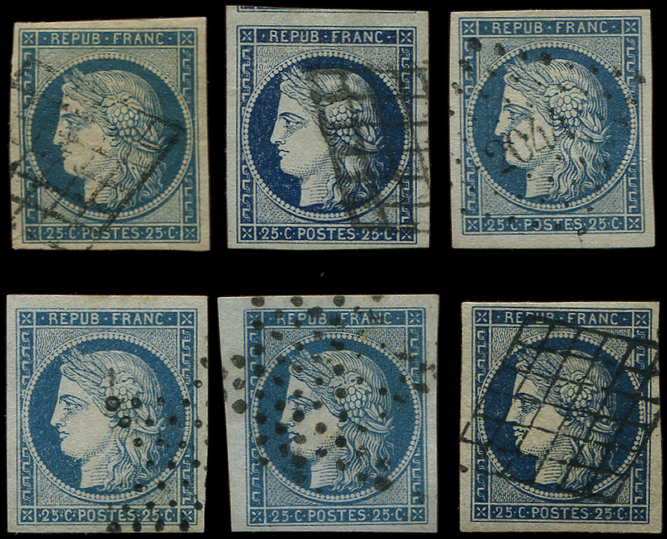 EMISSION DE 1849 -  4    25c. Bleu, 6 Ex. Nuances Et Oblitérations, Ex. Choisis Dont Un Petit Bdf, TTB - 1849-1850 Cérès