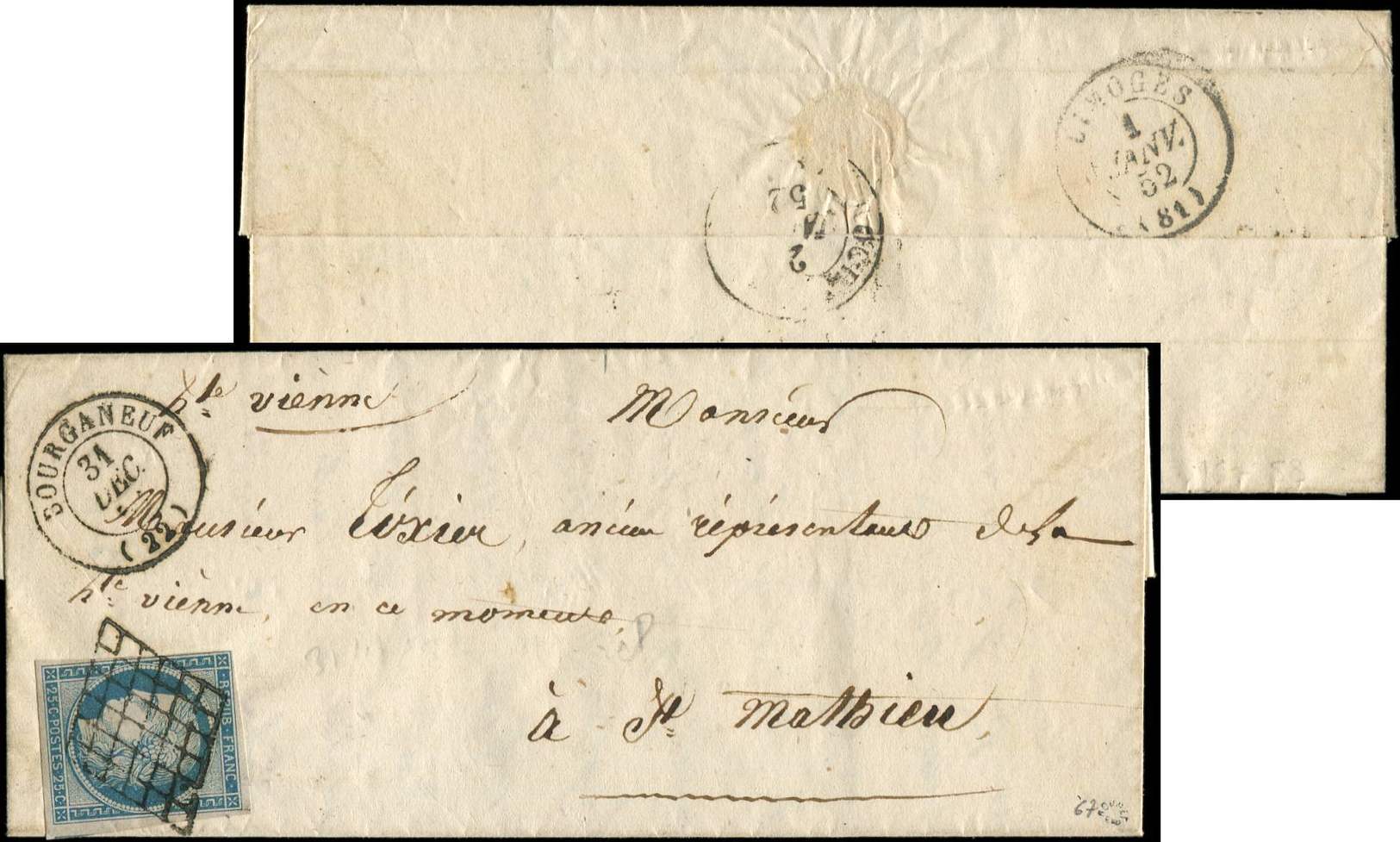 Let EMISSION DE 1849 - Let  4    25c. Bleu, Obl. GRILLE S. LAC, Càd T15 BOURGANEUF 31/12/52, DERNIER JOUR De L'utilisati - 1849-1850 Cérès
