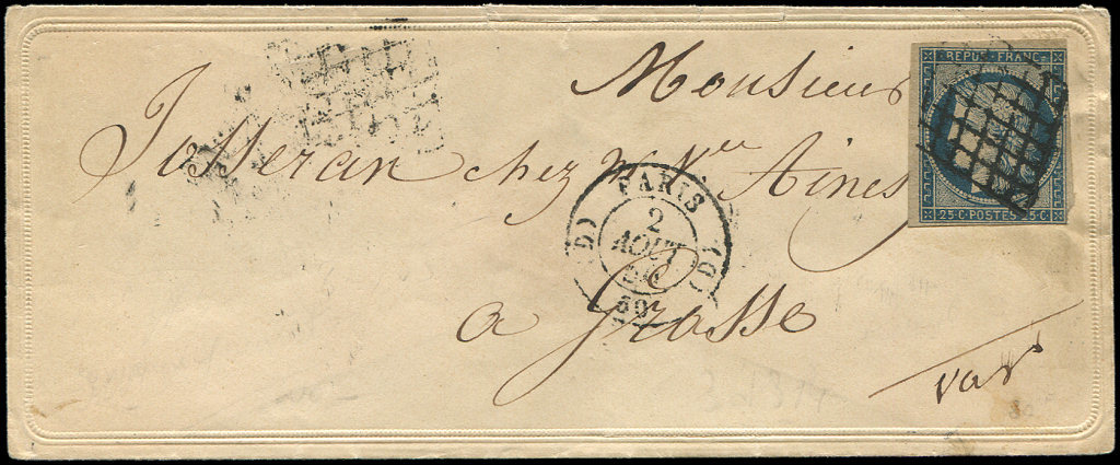 Let EMISSION DE 1849 - Let  4    25c. Bleu, Filet Intact, Obl. GRILLE S. Env. Valentine, Càd (D) PARIS (D) 2/8/50, TB - 1849-1850 Ceres