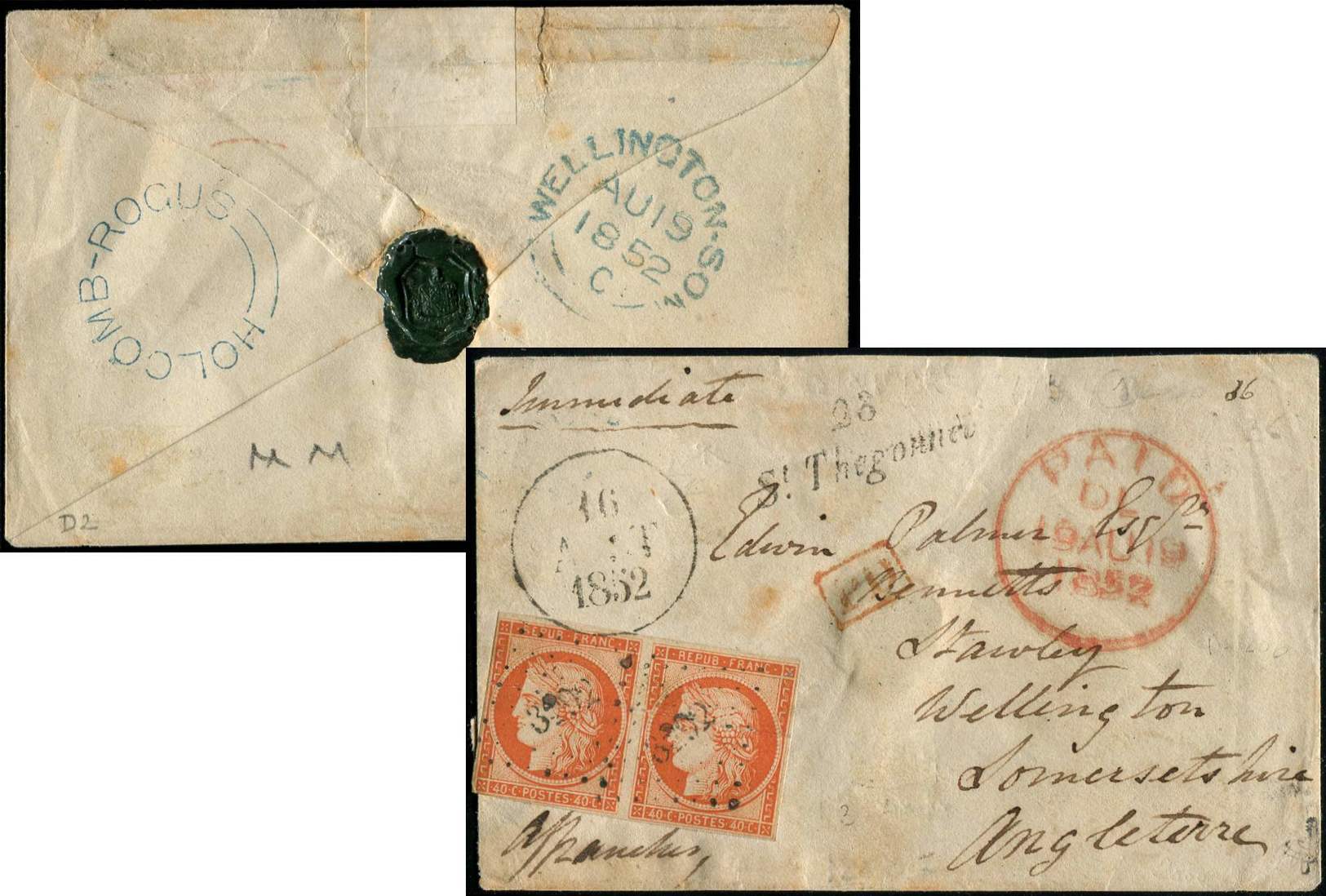 Let EMISSION DE 1849 - Let  5    40c. Orange, PAIRE Défse, Obl. PC 3292 S. Env., Cursive 28/ST THEGONNEC, Dateur A 16/8/ - 1849-1850 Cérès