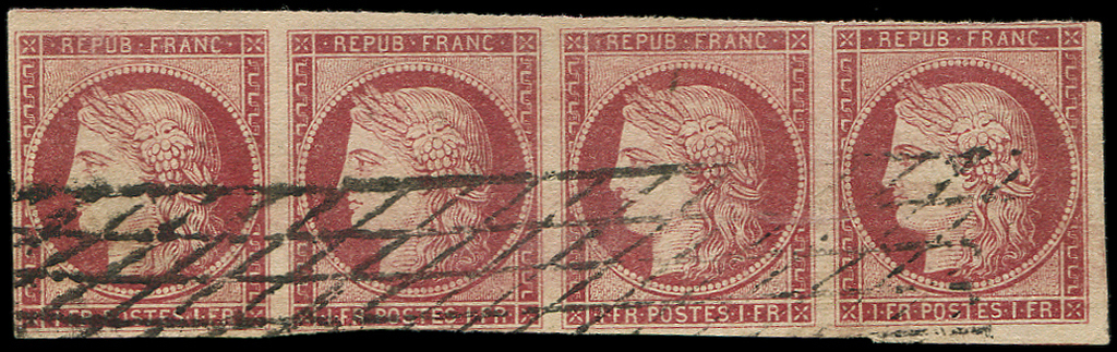 EMISSION DE 1849 -  6     1f. Carmin, BANDE De 4, 2 Ex. Filet Touché, Obl. GRILLE SANS FIN, B/TB. C - 1849-1850 Cérès