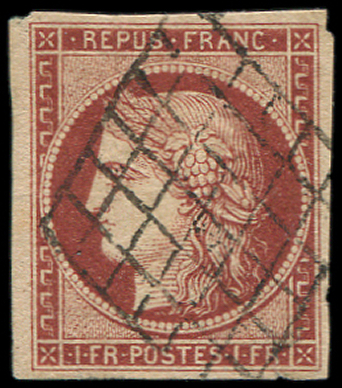 EMISSION DE 1849 -  6B    1f. Carmin Brun, Obl. GRILLE, Jolie Nuance, TTB. C - 1849-1850 Cérès