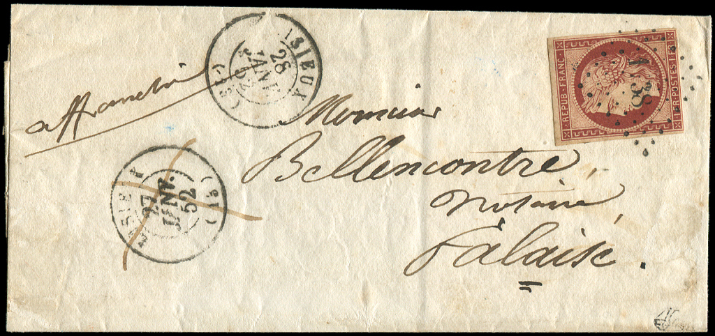 Let EMISSION DE 1849 - Let  6     1f. Carmin, Filet Intact En Bas à G., Obl. PC 1738 S. LSC, Càd T15 LISIEUX 27/1/52 Ann - 1849-1850 Cérès