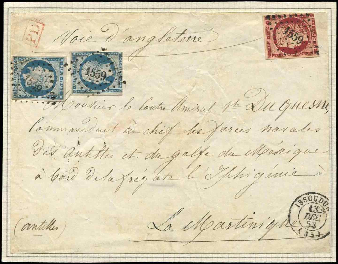 Let EMISSION DE 1849 - Let  6     1f. Carmin, Entamé + N°10 25c. Bleu, 2 Ex. Dont Un Entamé, Obl. PC 1559 S. Devant, Càd - 1849-1850 Cérès