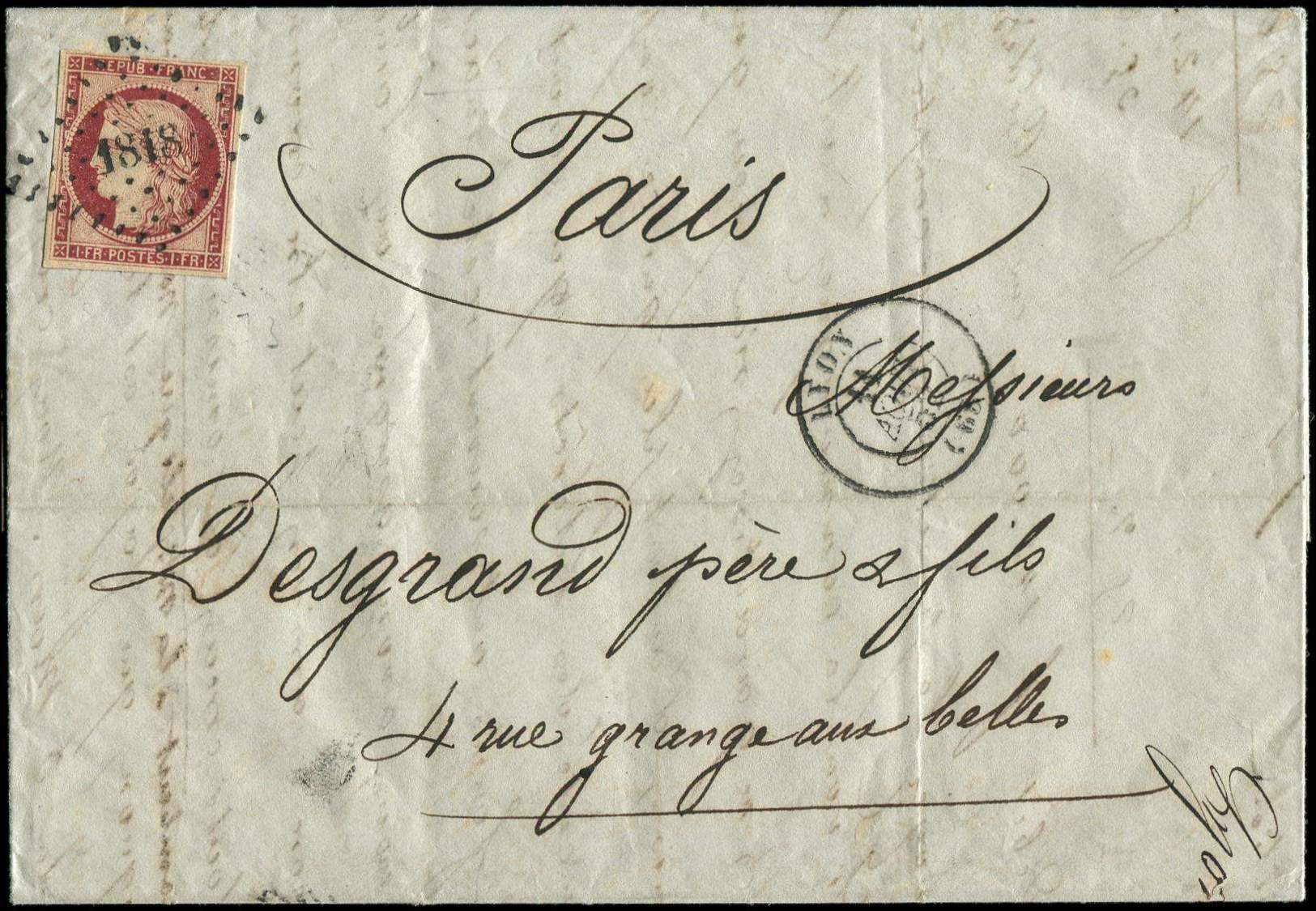Let EMISSION DE 1849 - Let  6b    1f. Carmin Foncé, Obl. PC 1818 S. LAC, Càd T15 LYON 11/8/52, TTB - 1849-1850 Cérès