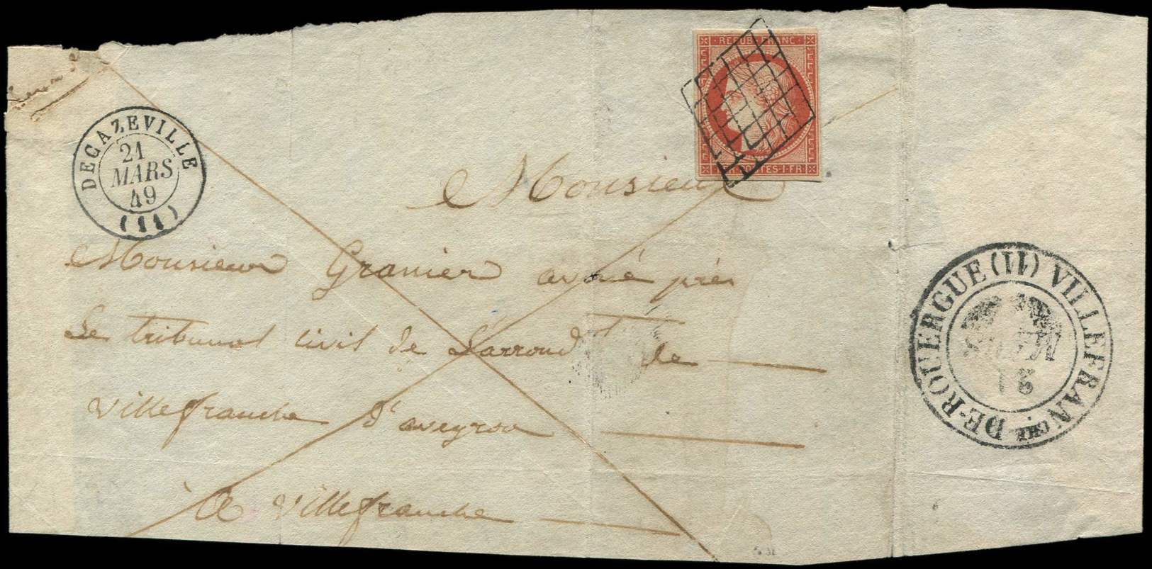 EMISSION DE 1849 -  7     1f. Vermillon, Obl. GRILLE S. Devant, Càd T15 DECAZEVILLE 21/3/49, Le Timbre A été Décollé Pou - 1849-1850 Cérès