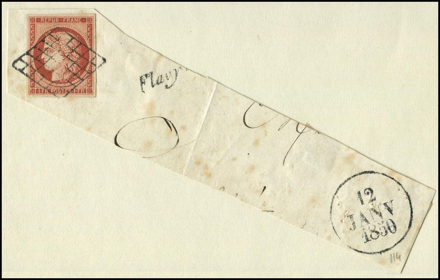 EMISSION DE 1849 -  7a    1f. Vermillon VIF, Obl. GRILLE S. Fragt, Dateur A 12 JANV 1850, TTB - 1849-1850 Cérès