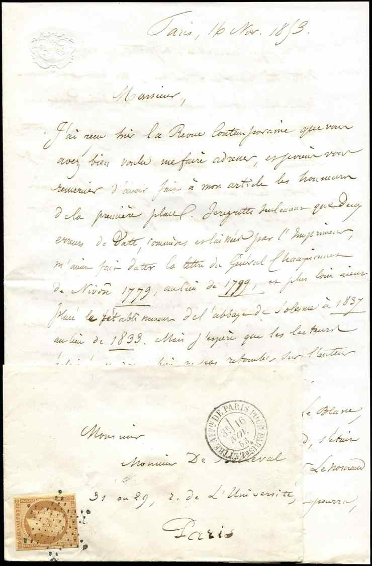 Let PRESIDENCE - Let  9    10c. Bistre Jaune, Le Long Du Filet En Haut Mais Intact, Obl. ETOILE S. Env. Avec Corresp. De - 1852 Louis-Napoléon