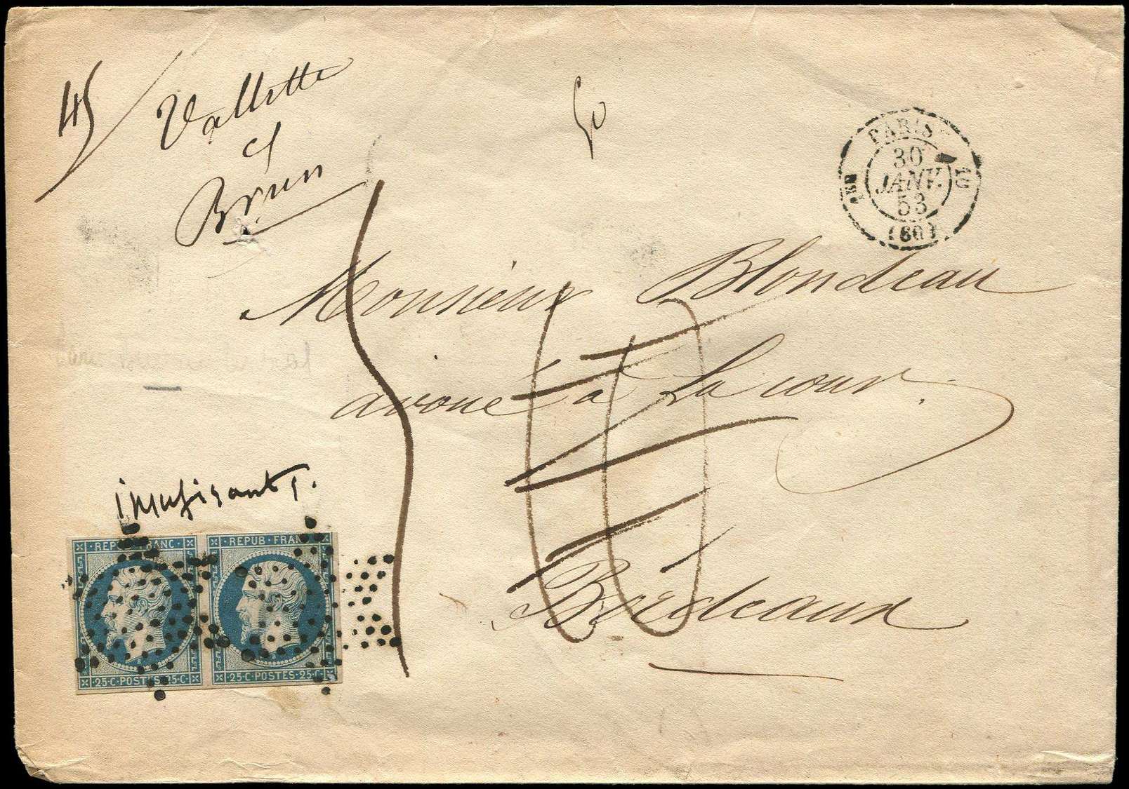 Let PRESIDENCE - Let  10   25c. Bleu, PAIRE, Un Ex. Filet Coupé, Obl. Etoile Sur LSC, Càd PARIS 30/1/53, Taxe 10 Annulée - 1852 Louis-Napoléon