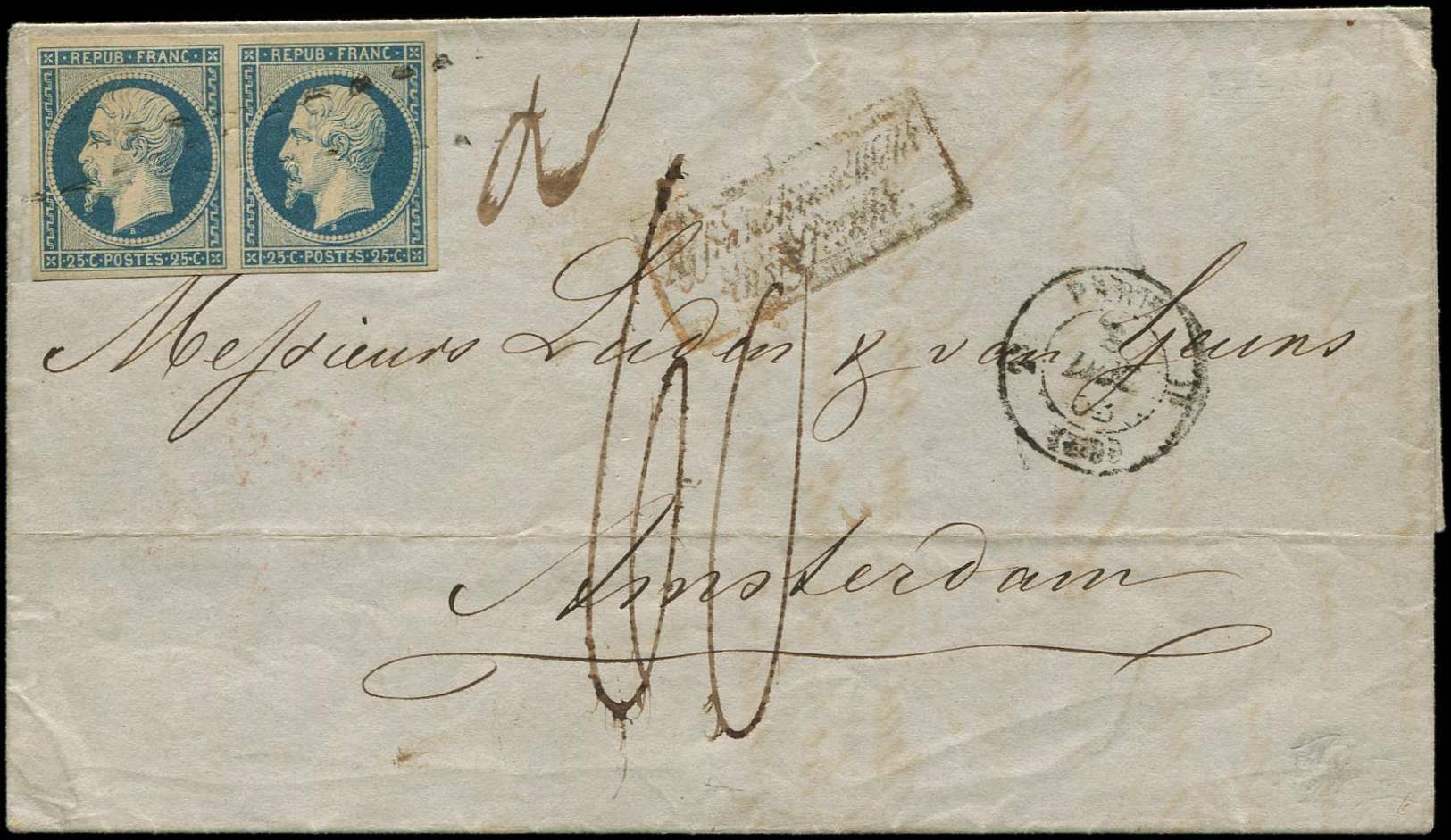 Let PRESIDENCE - Let  10   25c. Bleu, PAIRE Obl. Légère Sur LAC, Càd PARIS 3/12/53, Taxe 60, Arr. AMSTERDAM Le 10/12, TB - 1852 Louis-Napoléon