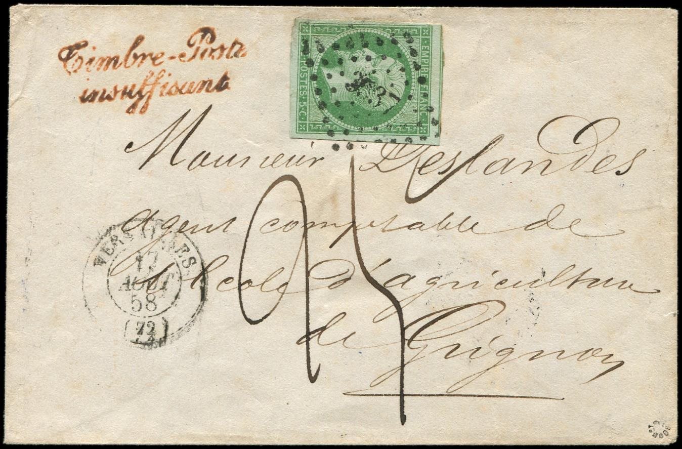 Let EMPIRE NON DENTELE - Let  12    5c. Vert, Obl. PC 3537 S. Env., Càd T15 VERSAILLES 17/8/58, "Timbre Poste/insuffisan - 1853-1860 Napoléon III