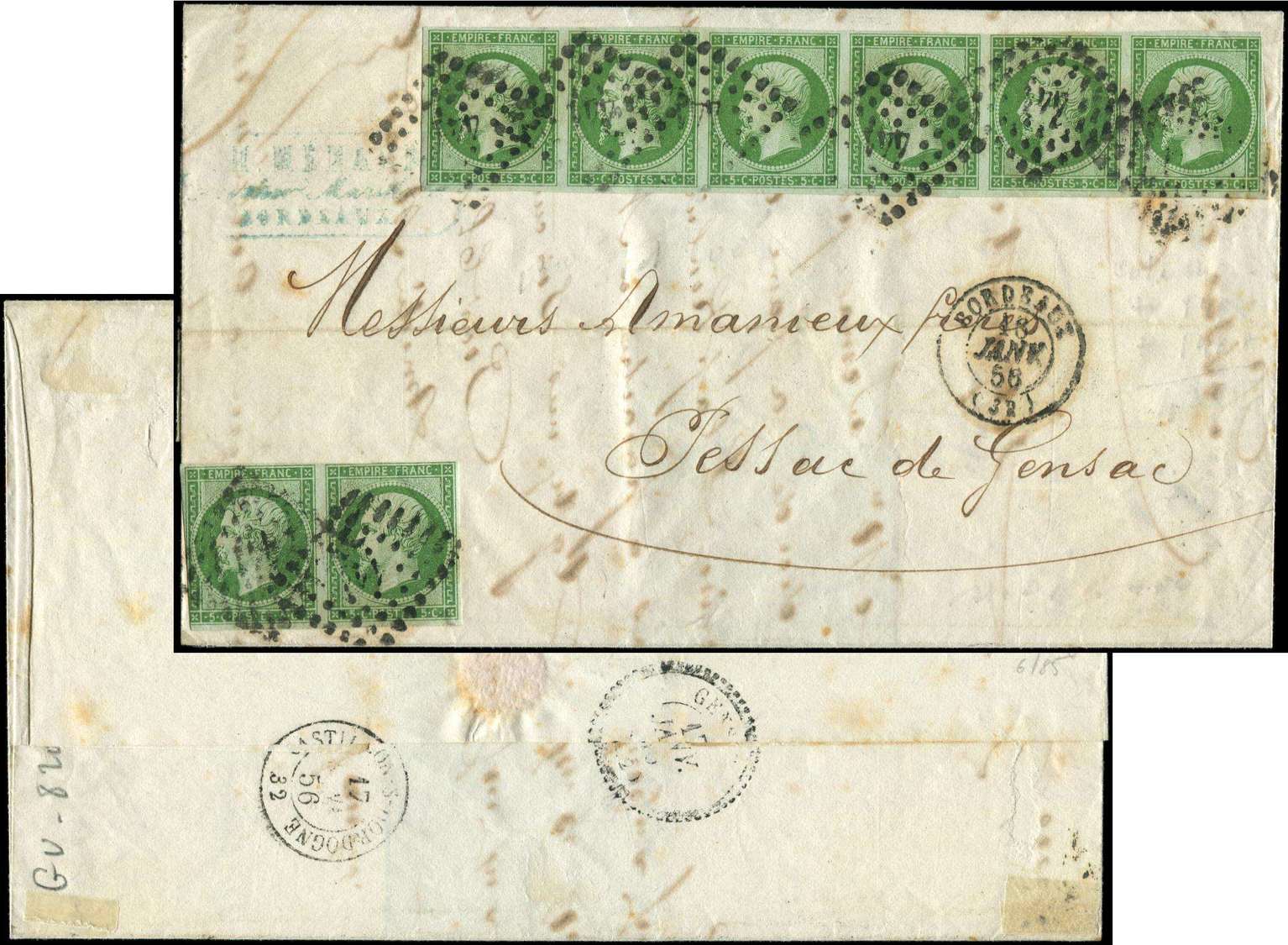 Let EMPIRE NON DENTELE - Let  12    5c. Vert, BANDE De 6 Et PAIRE Obl. PC 441 S. LAC, Càd T15 BORDEAUX 18/1/56, DOUBLE P - 1853-1860 Napoléon III