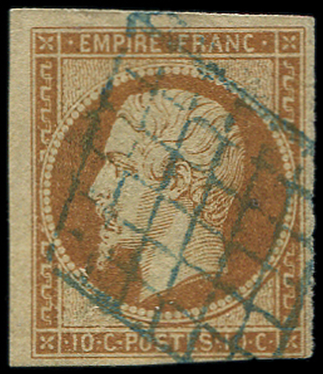 EMPIRE NON DENTELE -  13A  10c. Bistre Obl. GRILLE BLEUE, R Et TB - 1853-1860 Napoléon III
