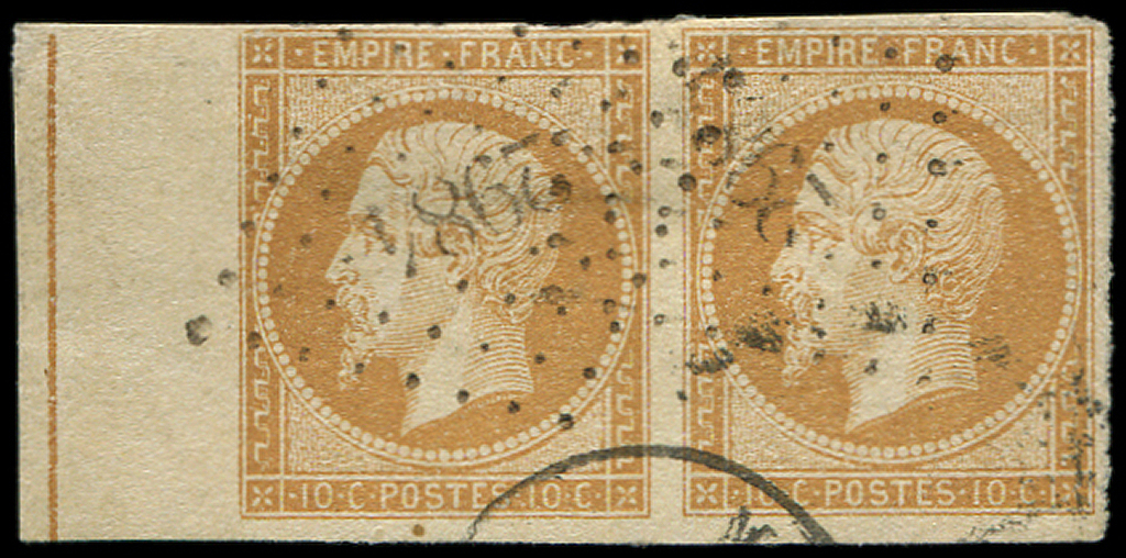 EMPIRE NON DENTELE -  L13Ad 10c. Bistre, PAIRE Bdf Avec Filet D'encadrement, Obl. PC 2984, TB - 1853-1860 Napoléon III